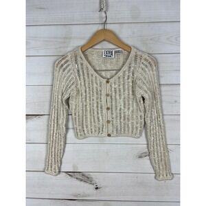 EXTRA Sweater Cardigan Womens XS White Sheer Open Knit Cropped Button Front Top